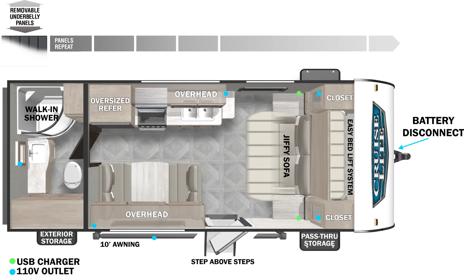 The 171RBXL has no slideout and one entry door. Exterior features include rear exterior storage, 10 foot awning, step above entry steps, front pass-thru storage, battery disconnect, and removable underbelly panels. Interior layout front to back: jiffy sofa with easy bed lift system and closets on each side; door side entry, dinette and overhead cabinet; off-door side kitchen with overhead cabinet and oversized refrigerator; rear full bathroom with walk-in shower.